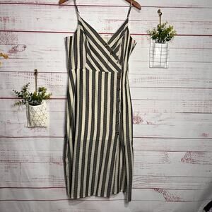New Harper Heritage White & Gray Striped Cotton Button Detail Dress Womens Large